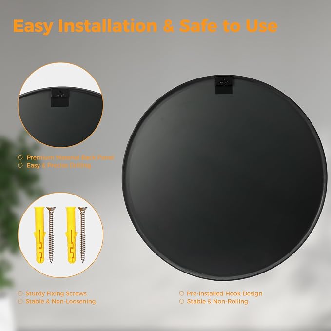 Sweetcrispy Round Bathroom Wall Mirror, Vanity Mirror, 24 Inch | Matte Metal Frame, Over Sink Entryway Bedroom Decor, Hanging Home Style, Black