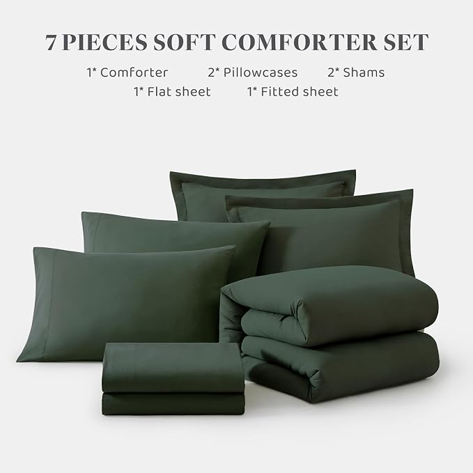 California King Size Comforter Set- 7 Pieces Bed in a Bag King Bedding Sets | Prewashed All Season Comforter with Sheets, Pillow Shams & Pillowcases,Deep Green