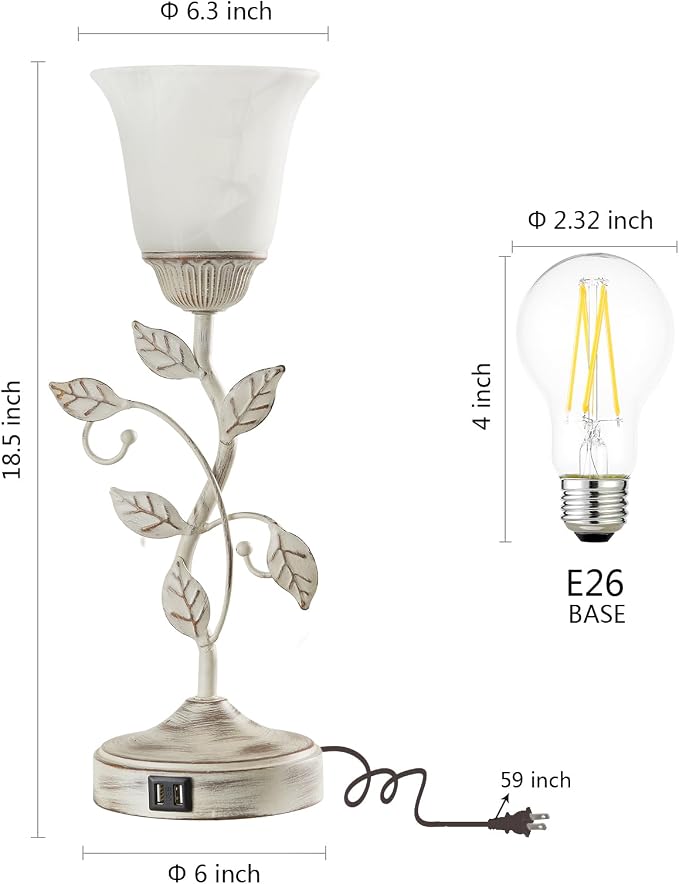 Set of 2 Rustic Touch Table Lamps for Bedroom 2 USB C+A | 3-Way Dimmable Nightstand Flower Lamp, Retro White Glass Shade Leaf Lamp for Living Room Entryway, 2 LED Bulb Included