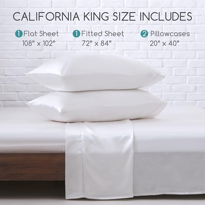 MR&HM Satin Sheets California King Size Sheet Set, White, 4 Pieces | Silky Bed Sheets with Elastic Corner Straps, 15" Deep Pocket, Similar to Silk, Gentle on Skin and Hair, Soft & Cooling