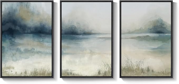 Large Framed Blue Nature Landscape Wall Art for Living Room, 3 Piece 24x36 | Misty lake mountain pictures, Watercolor canvas prints, Abstract paintings, Artwork for walls, Wall decor for hallway office