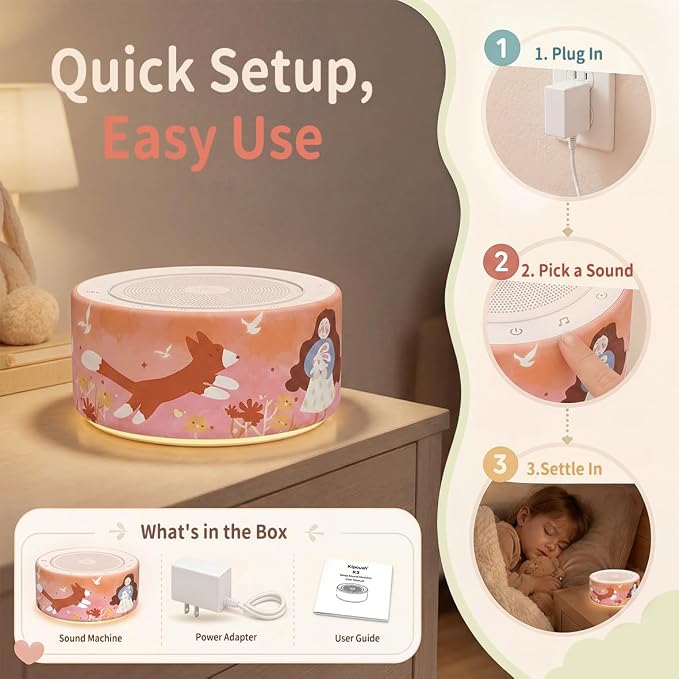 Kipcush White Noise Machine for Baby & Adults, Sleep Sound Machine with 30 Soothing Sounds, 8-Color Night Light, Memory Function, White Noise for Sleeping, Nursery, Office, Travel, Relaxation