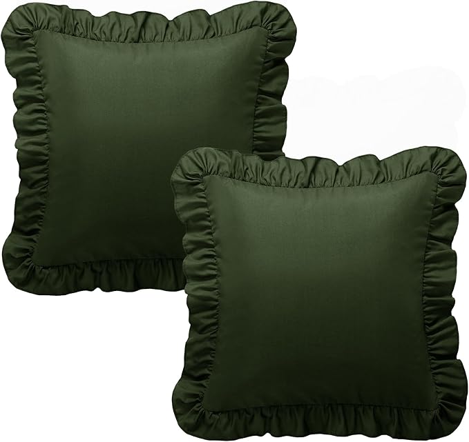 KKJIAF 2 Pack Ruffle Pillow Cases 18x18 Inches, Olive Green | Square Ruffled Pillow Covers, Microfiber Wrinkle Resistant Pillow Shams with Envelope Closure for Sofa Bed Living Room