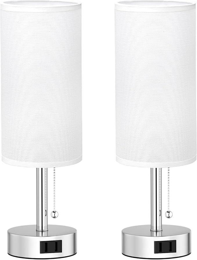 Silver Bedside Table Lamps Set of 2 - Bedroom Lamp for Desk, AC Outlet | 3CCT(3000K/4000K/5000K), LED Bulbs Included, White Fabric Lampshade, 14in Small Lamp for Nightstand, Guest Room, Living Room