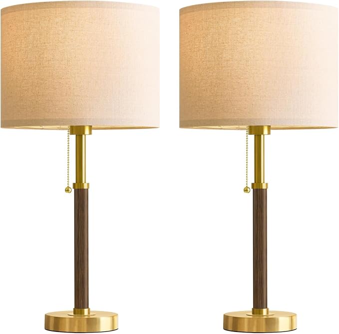 Wood Table Lamps 22" Mid Century Modern Lamps for Bedroom Living Room Lamps | Pull Chain Lamps Set of 2, Walnut Mcm Bedside Lamps for Night Stands, Vintage Small Side Table Lamps Buffet Nursery Decor