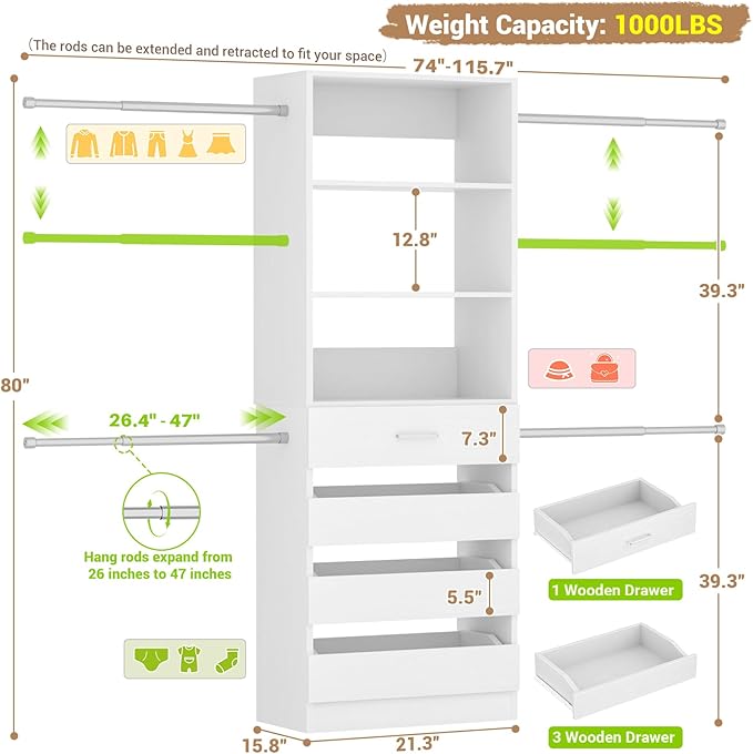 Aheaplus Closet System, 4-9Ft Closet Organizer with 4 Wooden Drawers, White | Wood Closet Organizer System with Tower, Walk-in Closet Organizer Wardrobe Clothes Rack with 4 Hanging Rods, Garment Rack