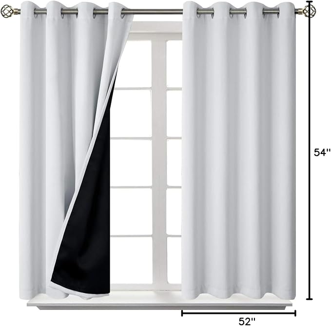 BGment Short Blackout Curtains 54 Inch Length for Bedroom, Thermal Insulated Energy Efficiency Noise Reducing Grommet Curtains with Liner for Small Window 2 Panels Each 52 Inch Wide Greyish White