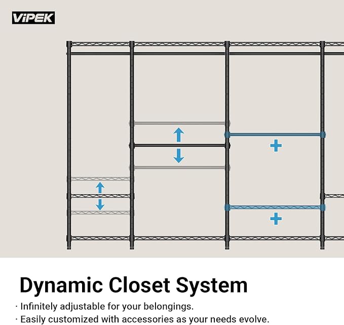 VIPEK R2 Medium Clothes rack for Hanging Clothes Rolling Closet System | Lockable Silent Wheels, Double Hanging Rods, Adjustable Wire Shelving/Side Hooks, Space-Saving for Small Space, 500lbs, White