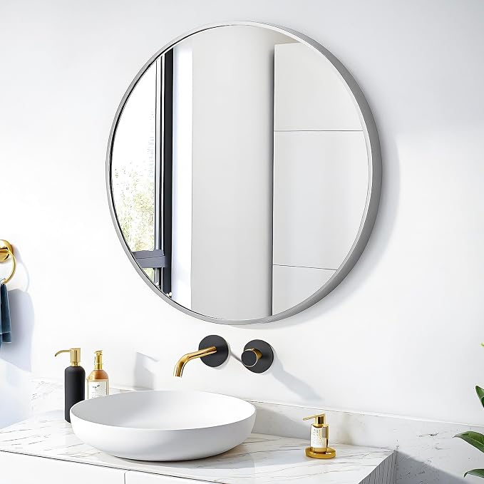 SCWF-GZ 24" Round Mirror Circle Wall Mounted Hanging/Against Wall Silver | HD Crystal Clear No distortion Tempered Glass,Aluminum Frame,Make-Up Mirrors for Bedroom,Entryway,Bathroom,Living Room