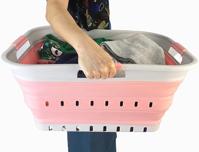 SAMMART 42L (11 gallon) Collapsible Plastic Laundry Basket - Foldable Pop Up Storage Container/Organizer - Space Saving Hamper/Basket (1, Grey/Quartz Pink)