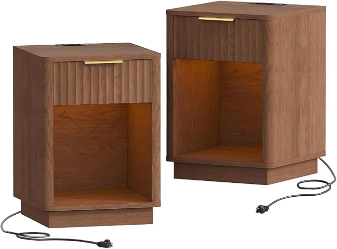 Akxomel Fluted Nightstand Set 2 Bedside Table with Charging Station Walnut | Wooden Side Table with LED Light, Modern Mid Century End Table with Drawer, 15" D x 15.7" W x 22.6" H, for Bedroom