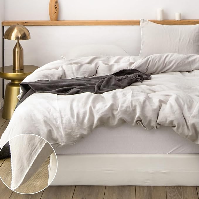 Simple&Opulence 100% Washed Linen Duvet Cover with Embroidered,3 Pieces Soft Farmhouse Comforter Set with Button Closure,1 Duvet Cover and 2 Pillowshams(Queen,Natural Linen)