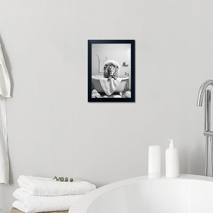 Black and White Lion Canvas Wall Art Bathroom Pictures Paintings for Wall Decor Funny Bathroom Wall Art Framed Animal Print Artwork