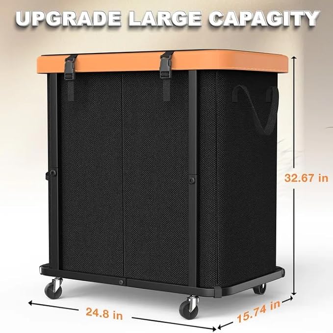 Laundry Basket with Wheels,190L Leather Patchwork Laundry Hamper 2 Setion | Sturdy Metal Frame, Removable Washable Bag, Tall Clothes Sorter for Bedroom - Black