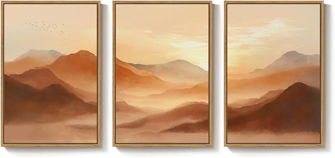 Framed Orange Abstract Mountain Wall Art for Living Room, 3 Piece, 24x36 In | Large, Landscape, Sunset scenic, Terracotta, Modern, Hallway, Home office, Dining room, Bedroom wall decor, Canvas artwork