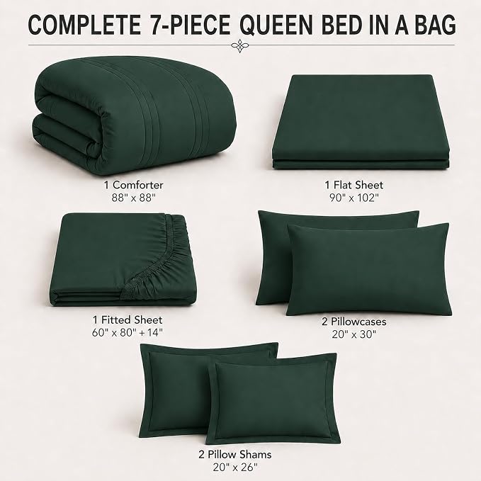 Full Comforter Set Emerald Green - Bed in a Bag Full Size 7 Pieces, Soft Bedding Set for All Seasons, Premium Comforter Set with Comforter, Sheets, Pillowcases & Shams