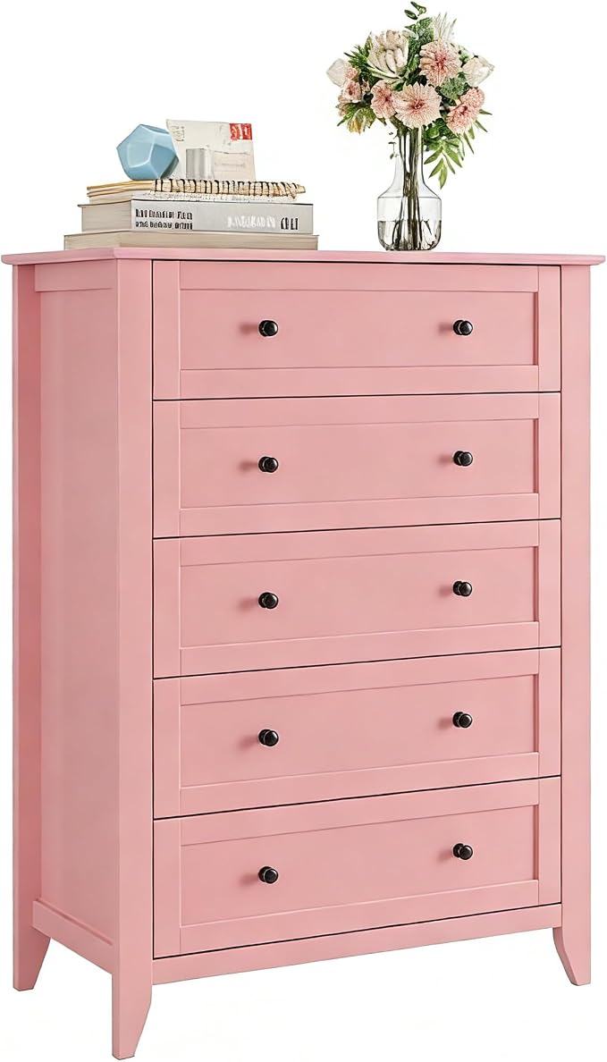 Garvee 5 Drawer Dresser for Bedroom, Modern Tall Chest of Drawers with Metal Knobs, Wooden Clothes Storage Organizer for Closet, Nursery, Living Room, Apartment, Pink | Lacquered Finish, Metal Knobs, Clothes Storage Organizer for Closet, Nursery, Livin...