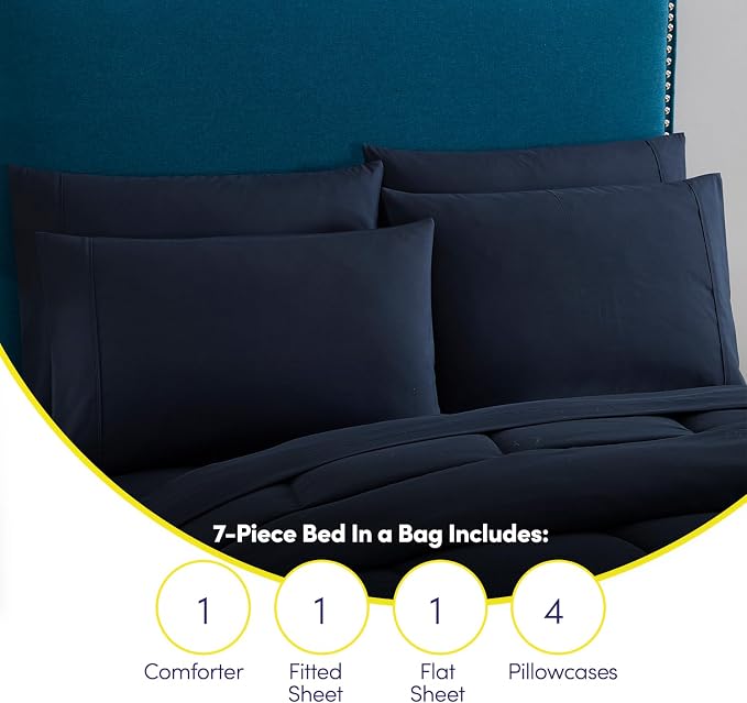 Sweet Home Collection 7 Piece Comforter Set Bag Solid Color All Season Soft Down Alternative Blanket & Luxurious Microfiber Bed Sheets, Navy, Queen
