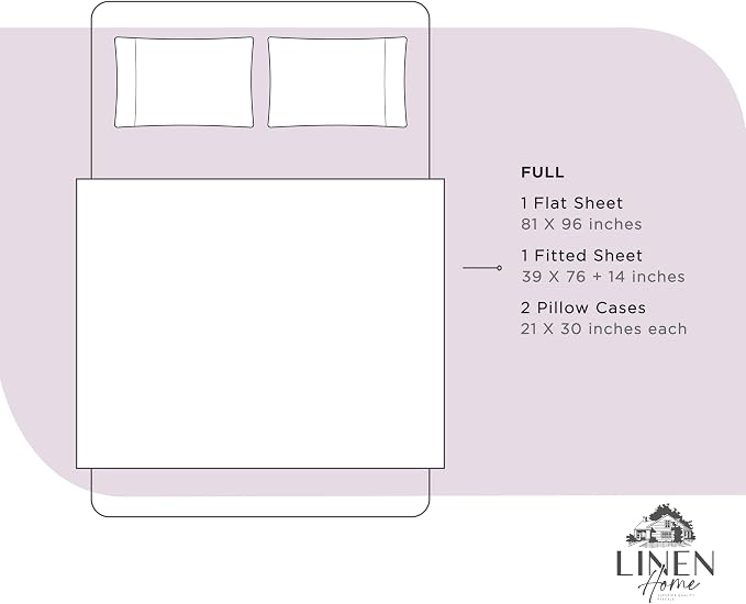 Linen Home 100% Cotton Percale Sheets Full Size, Iris Lilac, Deep Pocket, 4 Pieces Set - 1 Flat, 1 Deep Pocket Fitted Sheet and 2 Pillowcases, Crisp Cool and Strong Bed Linen