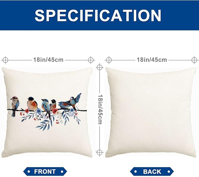 RABUSOFA 4th of July Memorial Day Patriotic Throw Pillow Cover,18x18 Inch Red White and Blue Birds Flowers Independence Day American Fourth of July Decoration for Sofa Couch