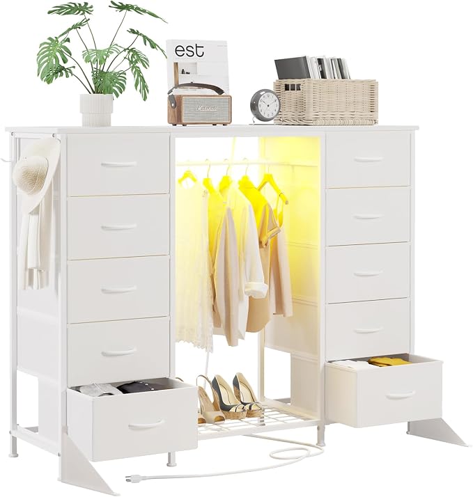LUMTOK 55"W Dresser with Hanging Rack,10 Fabric drawers & Hooks for Bedroom | White 10 Drawers Dresser with LED Lights, Charging Station,chest of drawers with wooden top for clothing storage organization