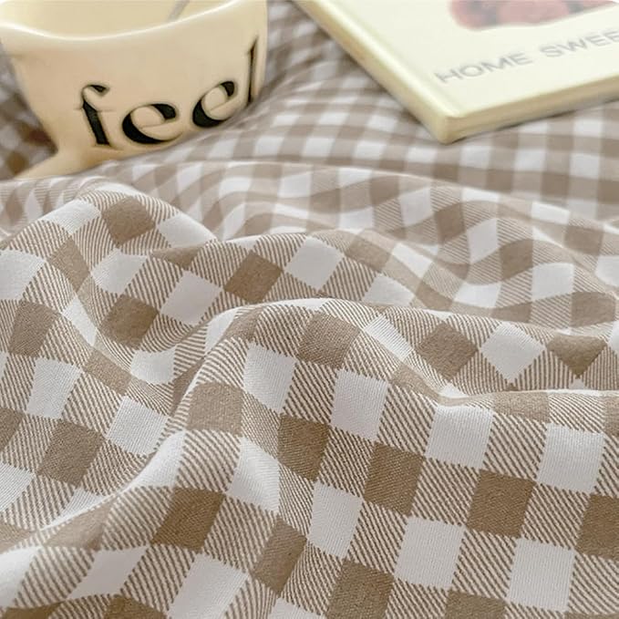 Nayoroom Gingham Duvet Cover Set King Brown Tan Plaid Checkered Bedding | Reversible Farmhouse Dorm Bedding, Soft Breathable Washed Microfiber, All-Season Comfort, Hidden Zipper, 4 Corner Ties