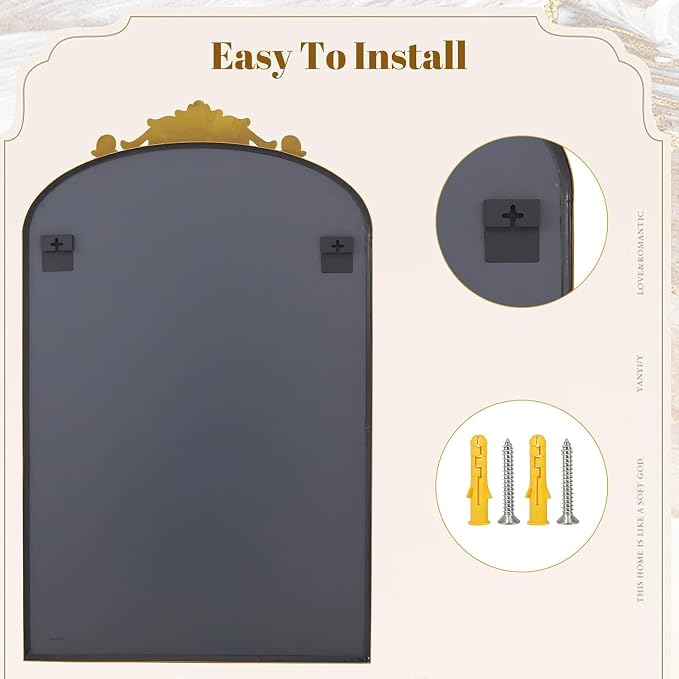 Dewfig Vintage Arched Wall Mirror, 30"x22" Bronze Antique Bathroom Mirror | Ornate Baroque Metal Frame Brass Mirror, Victorian Antique Bronze Mirrors for Living Room, Bathroom, Fireplace, Wall Decor
