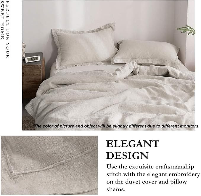 Simple&Opulence 100% Linen Duvet Cover Set with Embroidery Border Washed - 3 Pieces (1 Duvet Cover with 2 Pillow Shams) with Button Closure Soft Breathable Farmhouse - Linen, Full Size