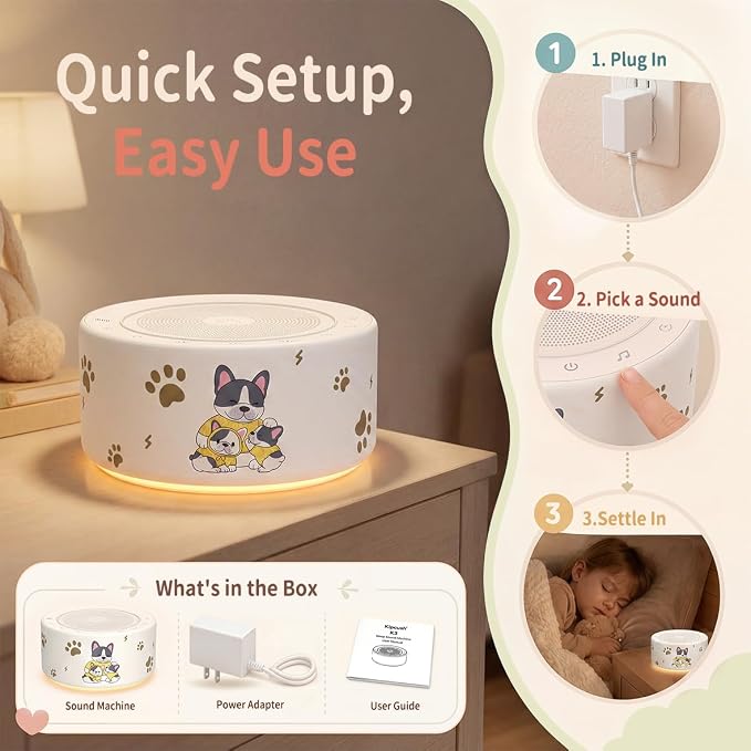 Kipcush White Noise Machine for Baby & Adults, Sleep Sound Machine with 30 Soothing Sounds, 8-Color Night Light, Memory Function, White Noise for Sleeping, Nursery, Office, Travel, Relaxation