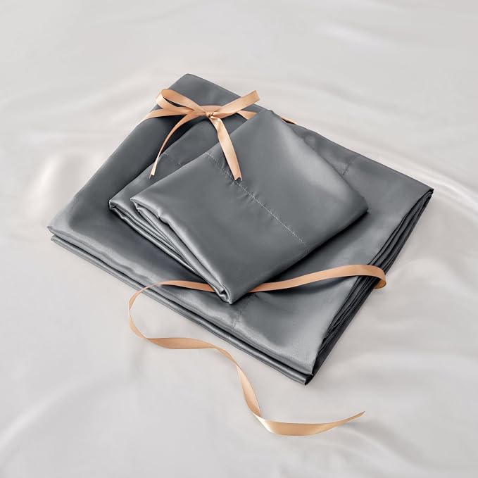 BEDELITE Satin Sheets Twin XL Size Bed Set, Dark Grey, 3 Pieces | Luxury Silky Bed Sheets, 15 Inch Deep Pocket, Similar to Silk, Soft and Cooling, Reduces Friction, Gentle on Hair and Skin
