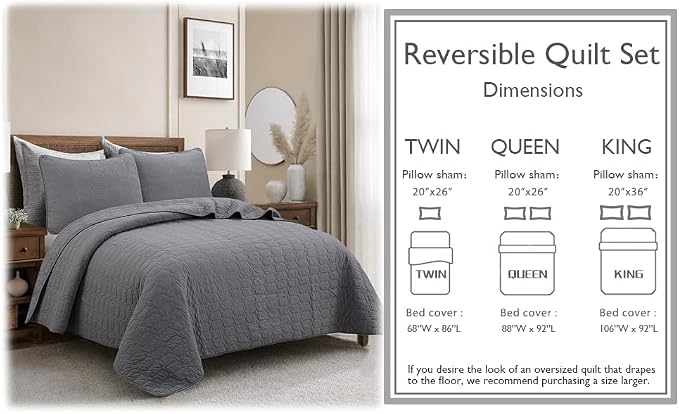 Cozy Line Home Fashions 100% Cotton Quilt Set – 3-Piece Charcoal Gray Solid Classic Modern Geometric Quilted Bedspread with Shams, Lightweight All Season Modern Bedding (Hexagon Gray, Queen)