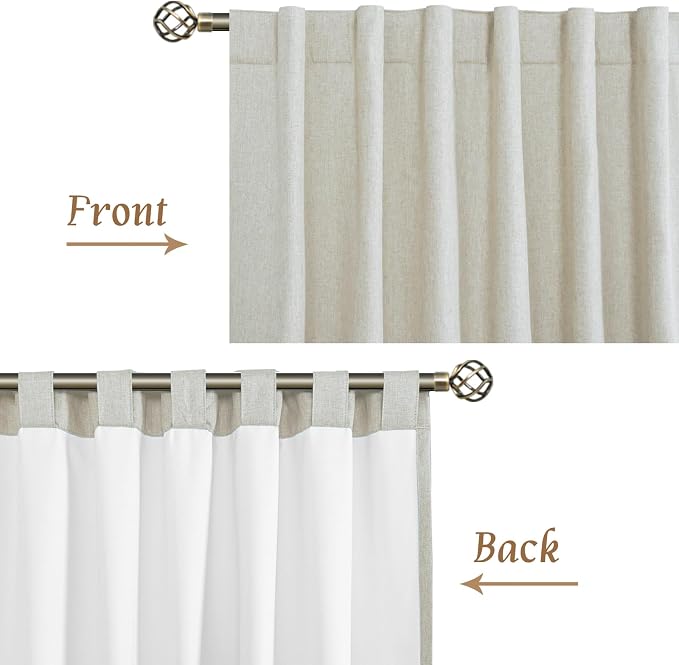 100% Blackout Natural Linen Bedroom Curtains 63 Inches 2 Panels | Stone, Living Room, Curtains for Farmhouse, Thermal, Privacy Protected, Rod Pocket Back Tab Panels, White Liner, 52 x 63 Inch