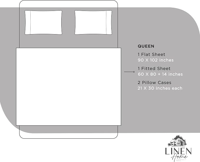 Linen Home 100% Cotton Percale Sheets Queen Size, Snow White, Deep Pocket, 4 Pieces Set - 1 Flat, 1 Deep Pocket Fitted Sheet and 2 Pillowcases, Crisp Cool and Strong Bed Linen