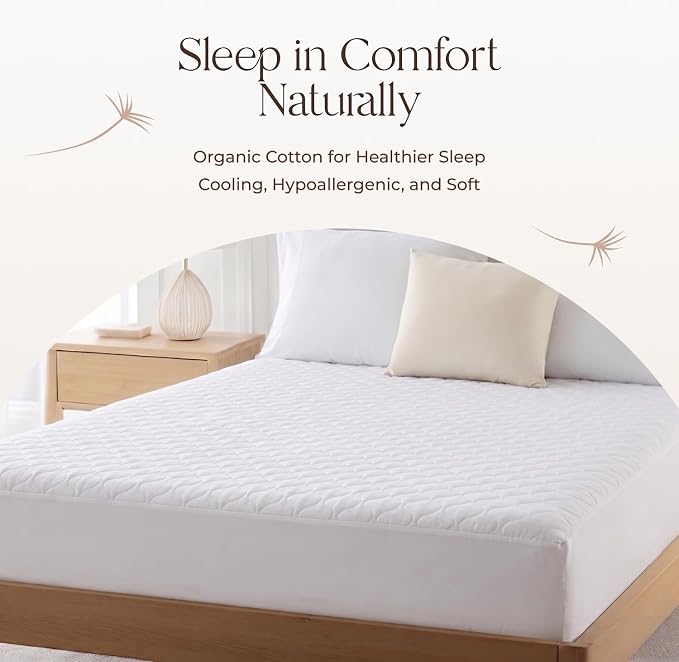 100% Cotton Organic Mattress Pad - Breathable & Cooling Mattress Protector Cal King - Premium 300GSM Quilted and Machine Washable - Fairtrade & GOTS Certified Bed Protector (White, Cal King)