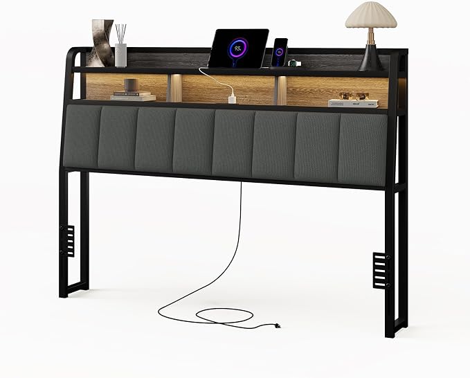 Queen Headboard Only with Storage, Charging Station, Black & Grey | Upholstered Headboards for Queen Size Bed with LED Light, Height Adjustable, Sturdy and Stable Headboard