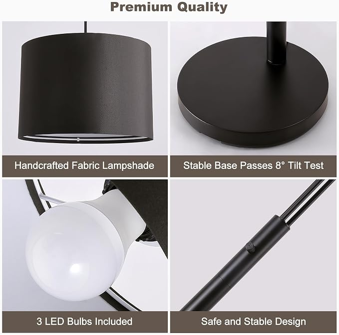 Floor lamp with Remote, 3 Light Arc Floor Lamps for Living Room, 2400LM Tall Standing Floor Lamps with Black Shades, 80" Large Floor Lamp for Bedroom, Office