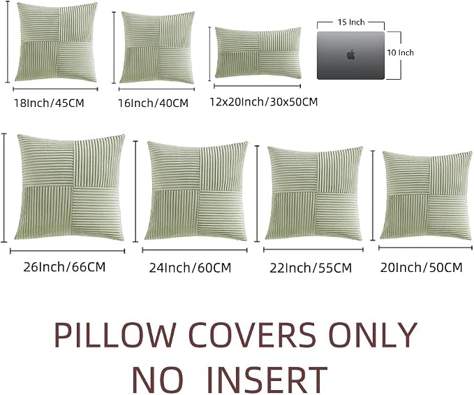 Fancy Homi 2 Packs Sage Green Samll Decorative Throw Pillow Covers 12x12 Inch with for Couch Bed Sofa, Rustic Farmhouse Boho Home Decor, Soft Corss Patchwork Corduroy Square Cushion Case 30x30 cm