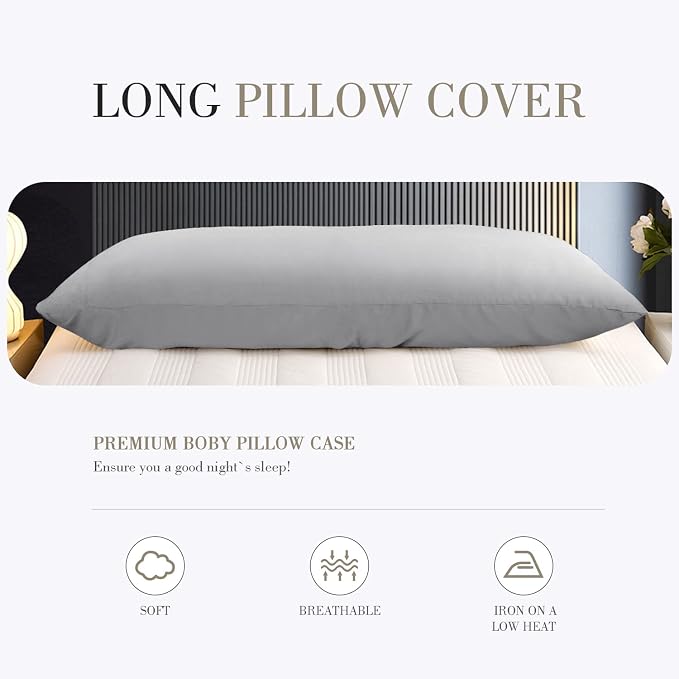 WishSmile Body Cooling Pillowcase Long Pillow Case Breathable Cool Silky Soft Rayon Derived from Bamboo Fabric, Hair and Skin Friendly, Light Gray, 1 Pack, 20x54IN