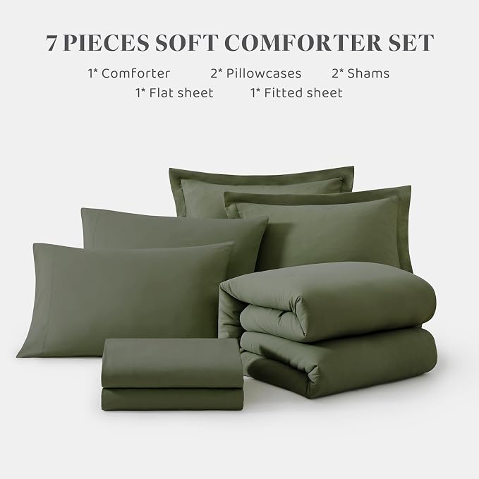 Oversized King Size Comforter Set- 7 Pieces Bed in a Bag King Bedding Sets | Prewashed All Season Comforter with Sheets, Pillow Shams & Pillowcases,Olive Green
