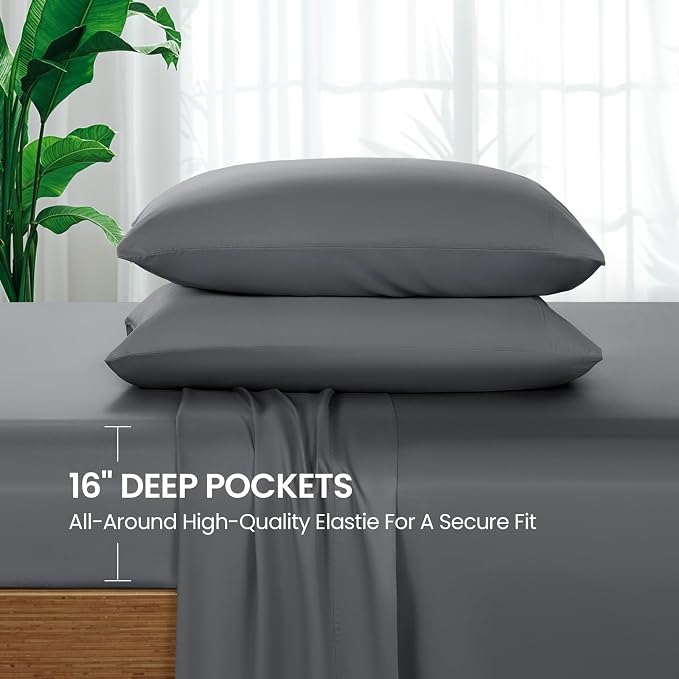 SONORO KATE 100% Viscose Derived from Bamboo_Sheets Queen Size,4PC | Cooling Bed Sheets for Hot Sleepers,Soft Breathable & Silky,16" Deep Pocket,Luxury Hotel Bedding,Dark Grey