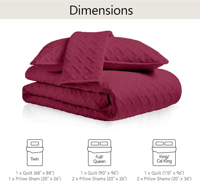 FLYMME Quilts Queen Size,Lightweight Burgundy Bedspreads,Basket Weave Pattern,Ultra Soft Microfiber Bed Coverlet 3 Pieces for All-Seasons (1 Quilt,2 Shams)