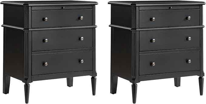 HULALA HOME 30 Inches Side Table with Charging Station, Set of 2, Black | Spindle Legs, Hidden Drawer, Pull-Out Tray, Built-In Outlet, Chamfered Edges, Adjustable Feet, Transitional Style