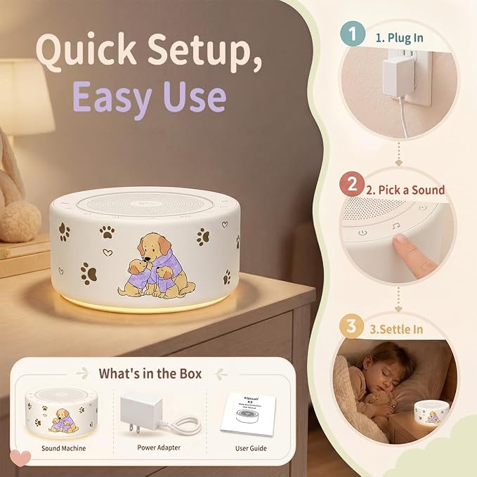 Kipcush White Noise Machine for Baby & Adults, Sleep Sound Machine with 30 Soothing Sounds, 8-Color Night Light, Memory Function, White Noise for Sleeping, Nursery, Office, Travel, Relaxation