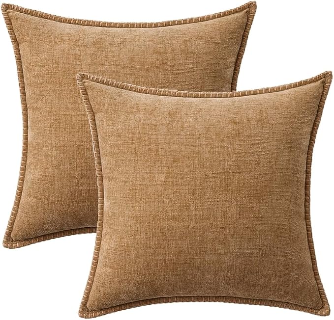 MIULEE Decorative Couch Throw Pillow Covers 18x18 Inch Apricot Brown 2 Pack | Farmhouse Pillow Covers with Stitched Edge, Soft Chenille Cushion Cases, for Sofa Bed Living Room Home Decor