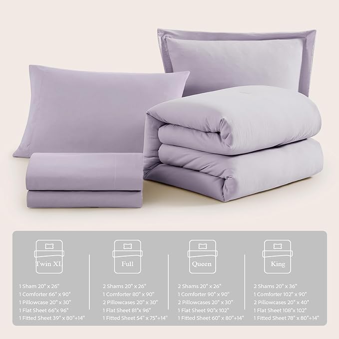 Twin XL Comforter Set- 5 Pieces Prewashed Bed in a Bag Twin Bedding Sets | Soft All Season Comforter with Sheets, Pillow Sham & Pillowcase, Lilac