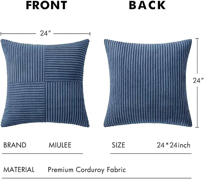 MIULEE Dusty Blue Decorative Euro Sham Pillow Covers 24x24 Inch 2 Pack | Coastal Boho Farmhouse Pillow Covers, Soft Cross Corduroy Patchwork Textured Cushion Cases For Couch Bed Sofa