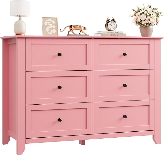 Garvee 6 Drawer Dresser for Bedroom, 47.2" Wide Modern Large Chest of Drawers with Metal Knobs, Wooden Clothes Storage Organizer for Closet, Nursery, Living Room, Apartment, Pink | Lacquered Finish, Metal Knobs, Clothes Storage Organizer for Closet, Nu...