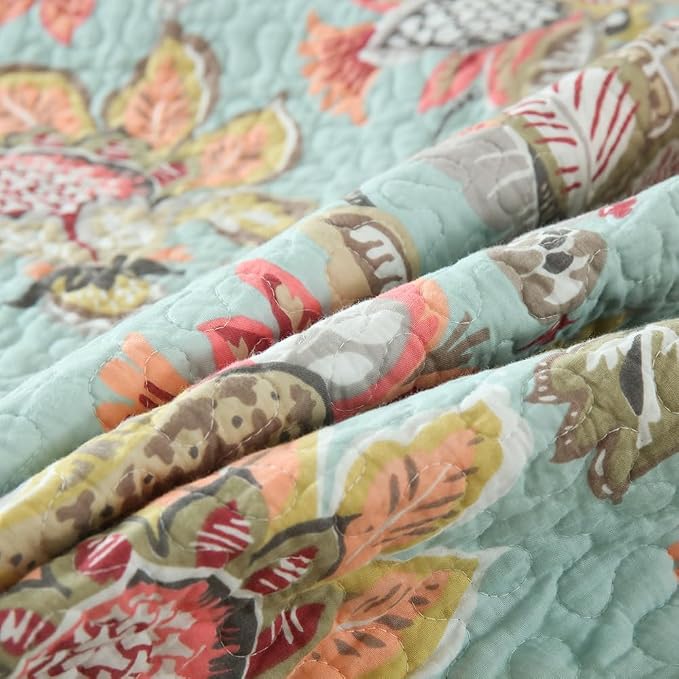Wistown Cotton Bedspread Bedding Coverlet Quilt Sets, Reversible Vintage Branch Floral Bedspread comforters, (Vintage Floral Blue Pattern, Queen Size)