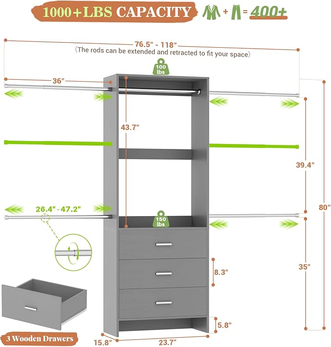 Aheaplus Closet System, 4.2-9Ft Closet Organizer with with 4 Rods, Grey | for Walk in Closet, Wardrobe Clothes Rack with Wooden Drawers, Garment Rack