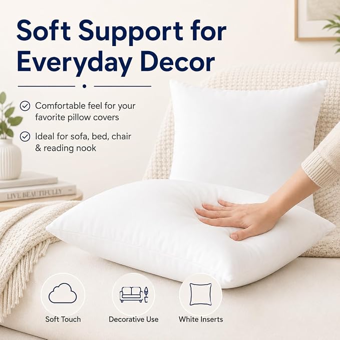 Calibrate Timing 20 x 20 inches Pillow Inserts, Set of 4 Hypoallergenic Brushed Microfiber Liner Down Alternative Filled Square Cushion Throw Pillow